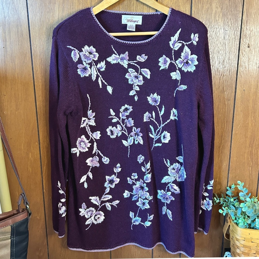 Vintage Worthington Floral Embroidered Sweater Top Purple Ramie Blend Size M